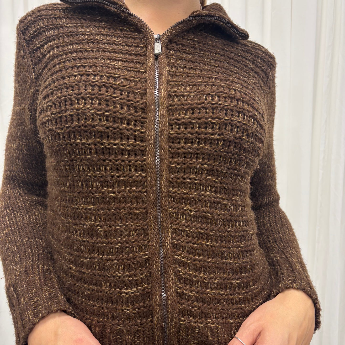 Brown Funnel Neck Knit Cardigan