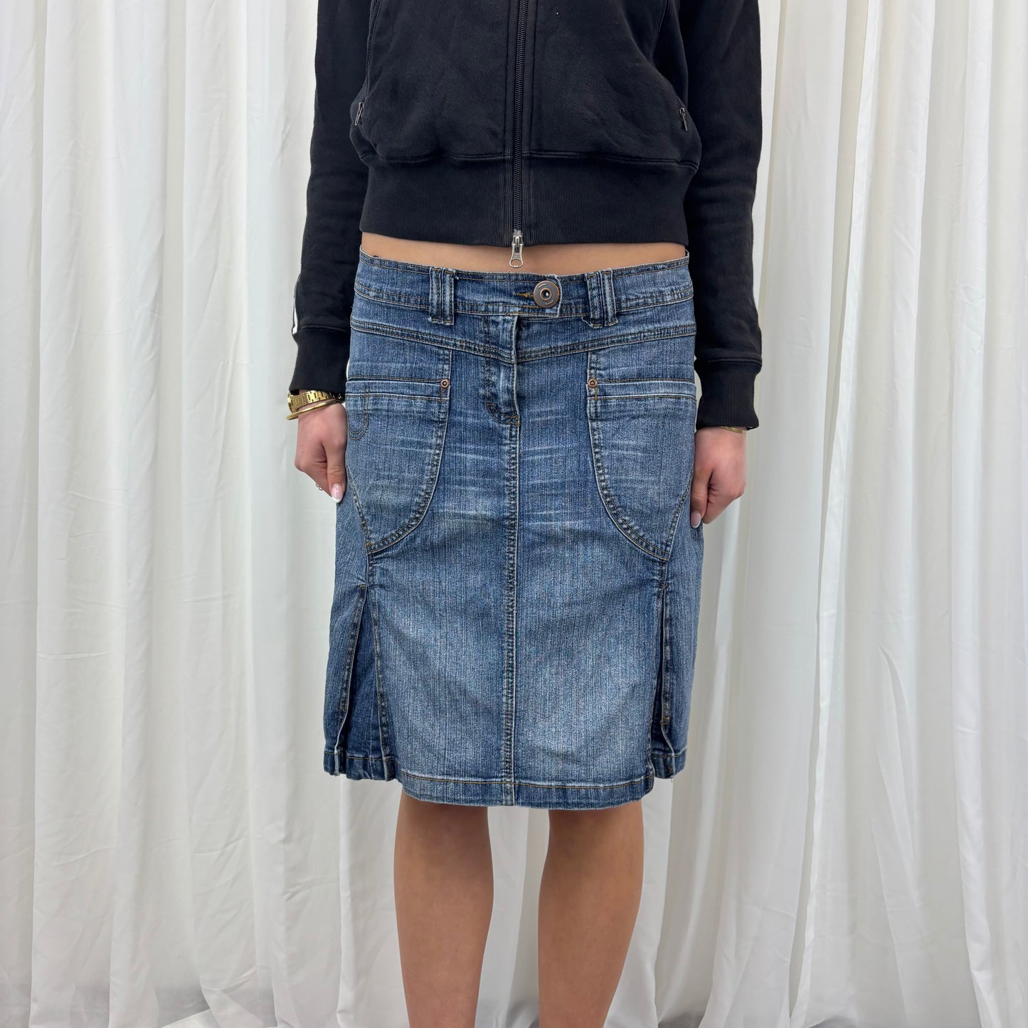 Lowrise Denim Pleated Midi Skirt