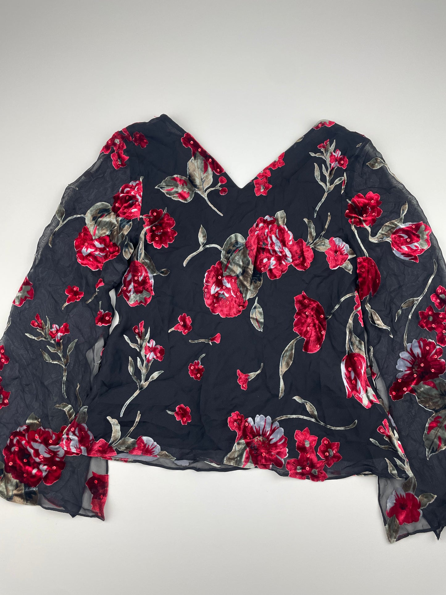 Silk Flared Sleeve Flower Blouse