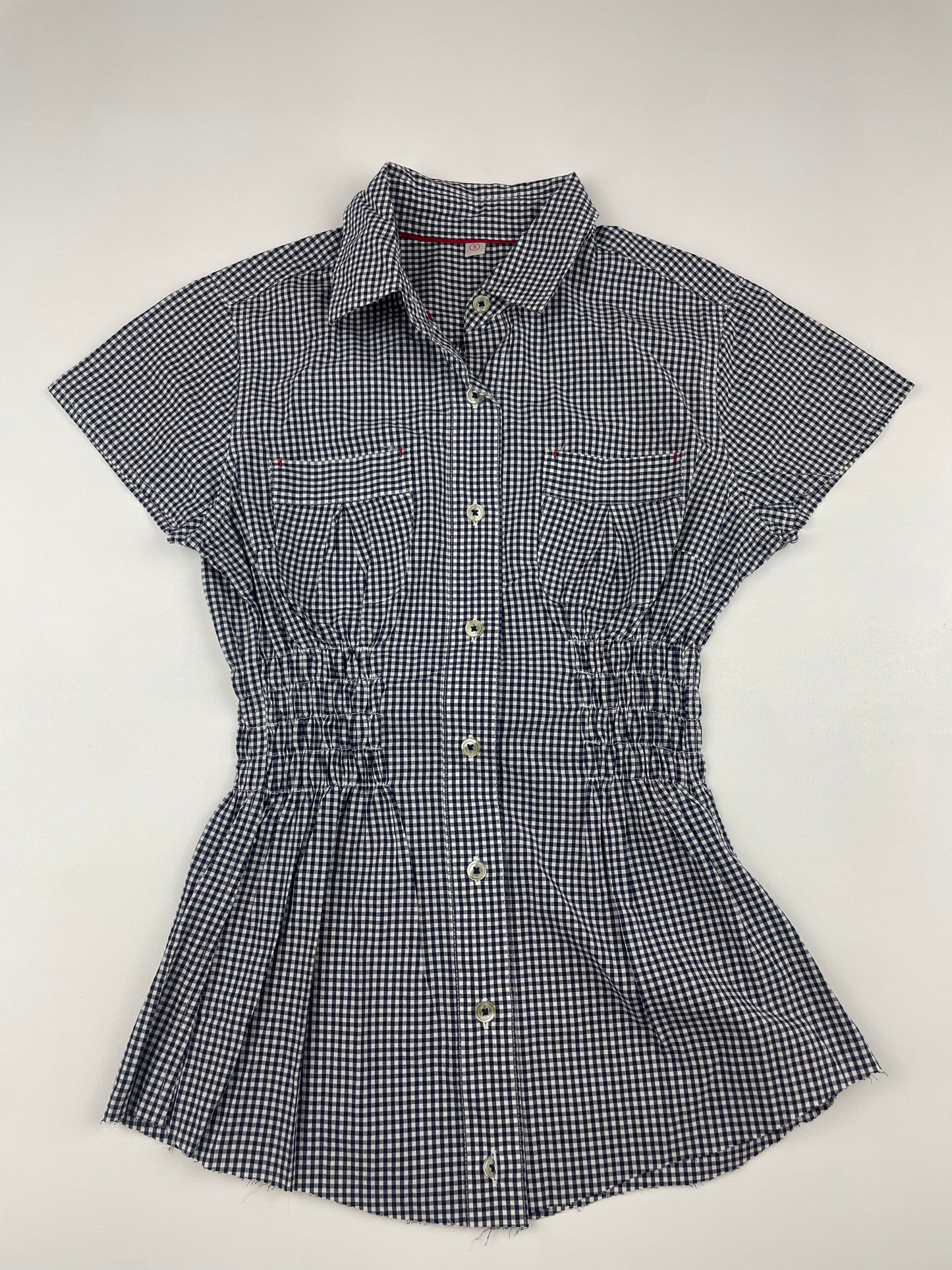 Navy Checkered Cinch Shirt with Raw Hem