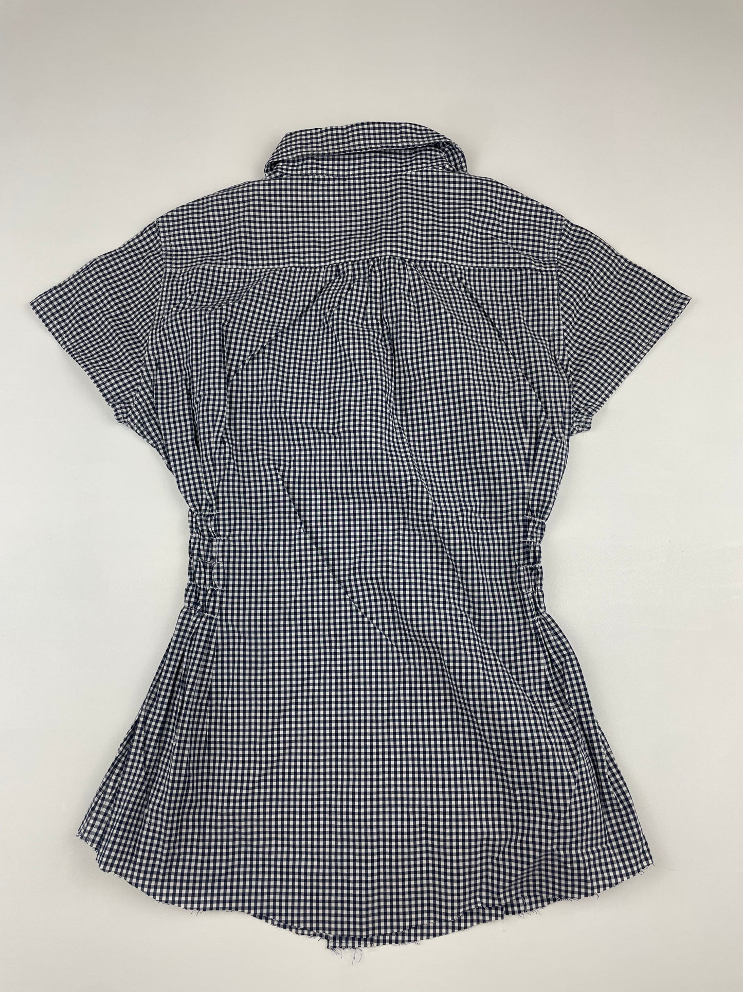 Navy Checkered Cinch Shirt with Raw Hem