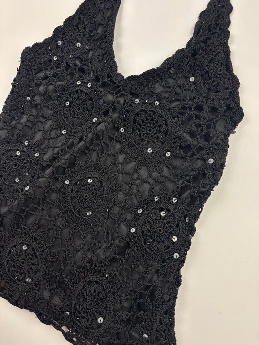 2000s Crochet Sequin Black Halter