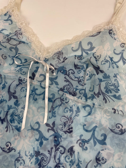 Blue Patterned Mesh and Lace Cami