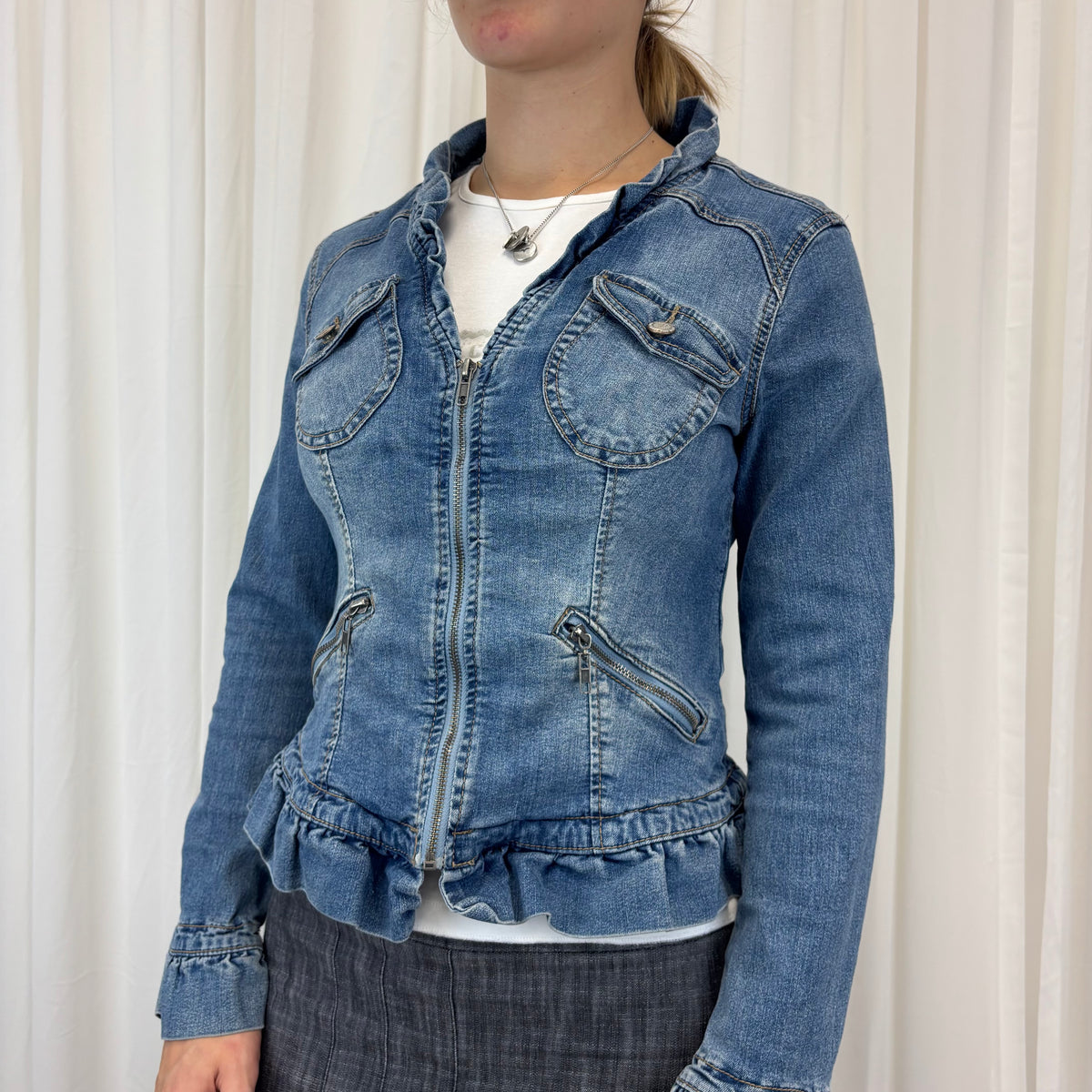 Pleated Trim Denim Jacket | Size M