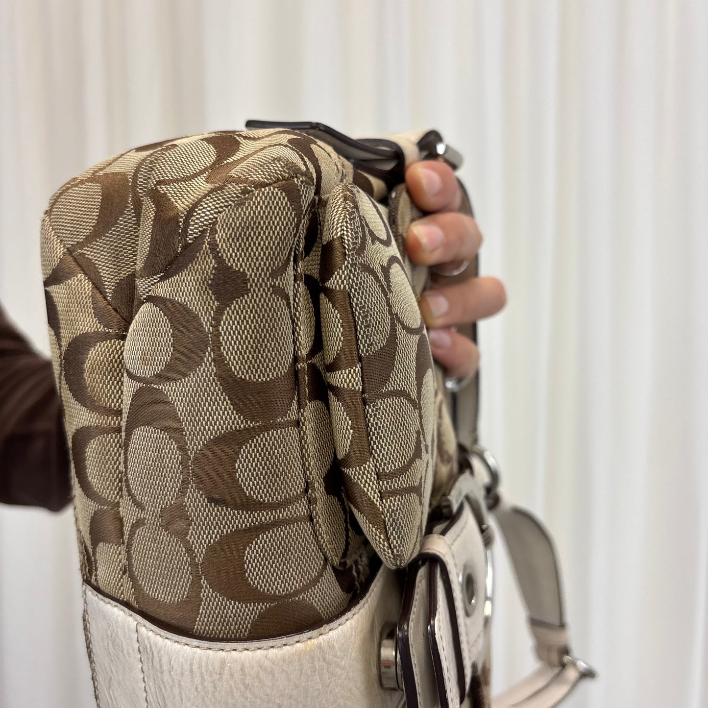 Coach Signature Double Pocket Soho Bag with White Leather