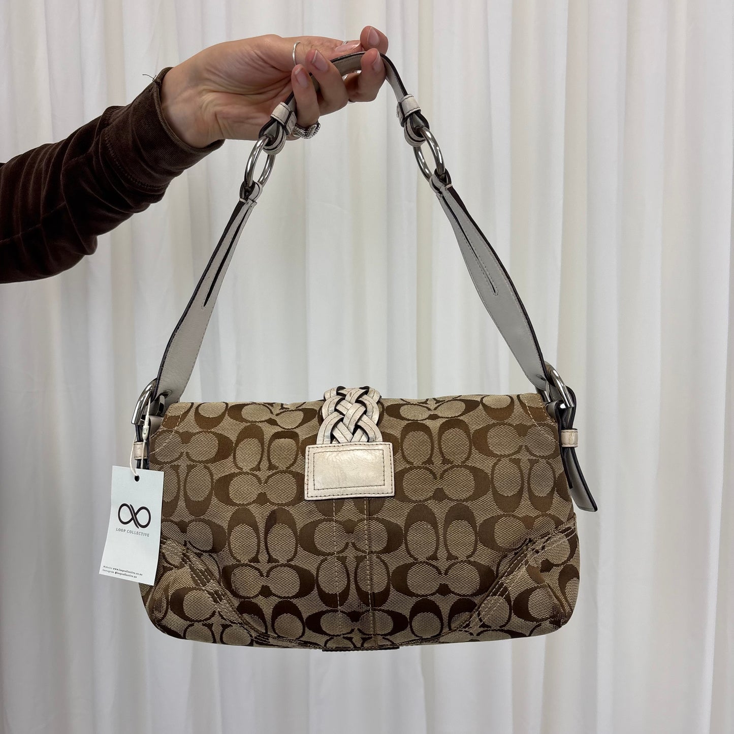 Coach Signature Double Pocket Soho Bag with White Leather