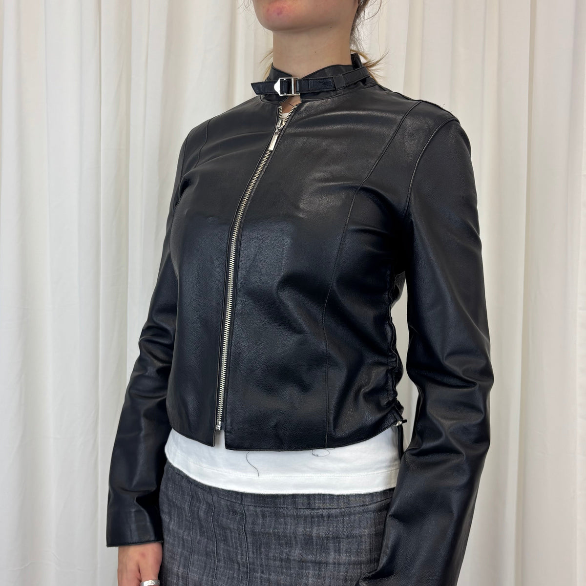 Ruched Italian Biker Leather Jacket | Size M