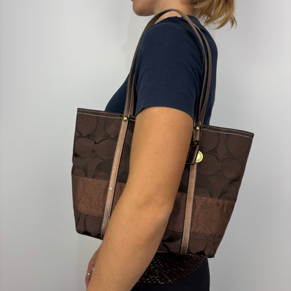 Coach Signature Stripe Tote Bag in Brown