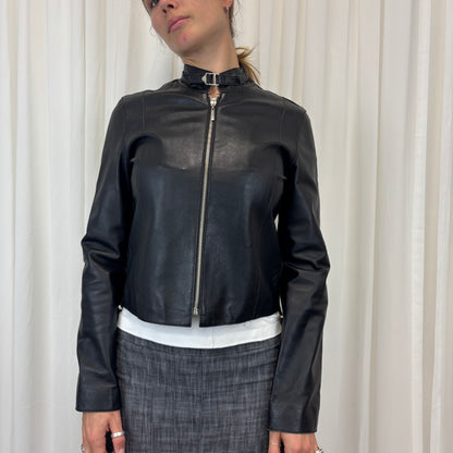 Ruched Italian Biker Leather Jacket | Size M