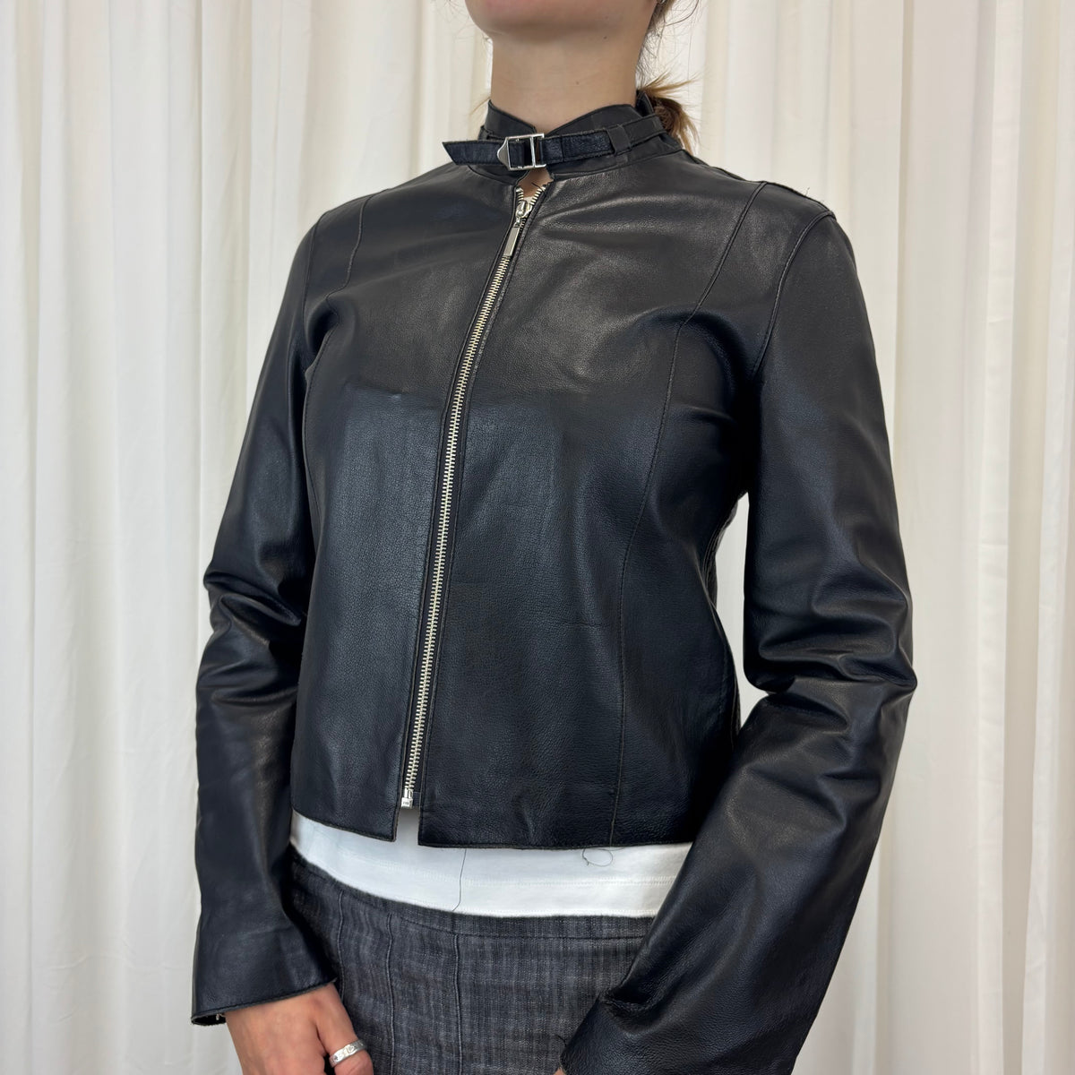 Ruched Italian Biker Leather Jacket | Size M