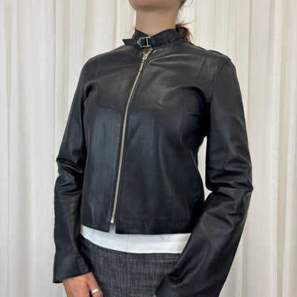 Ruched Italian Biker Leather Jacket | Size M