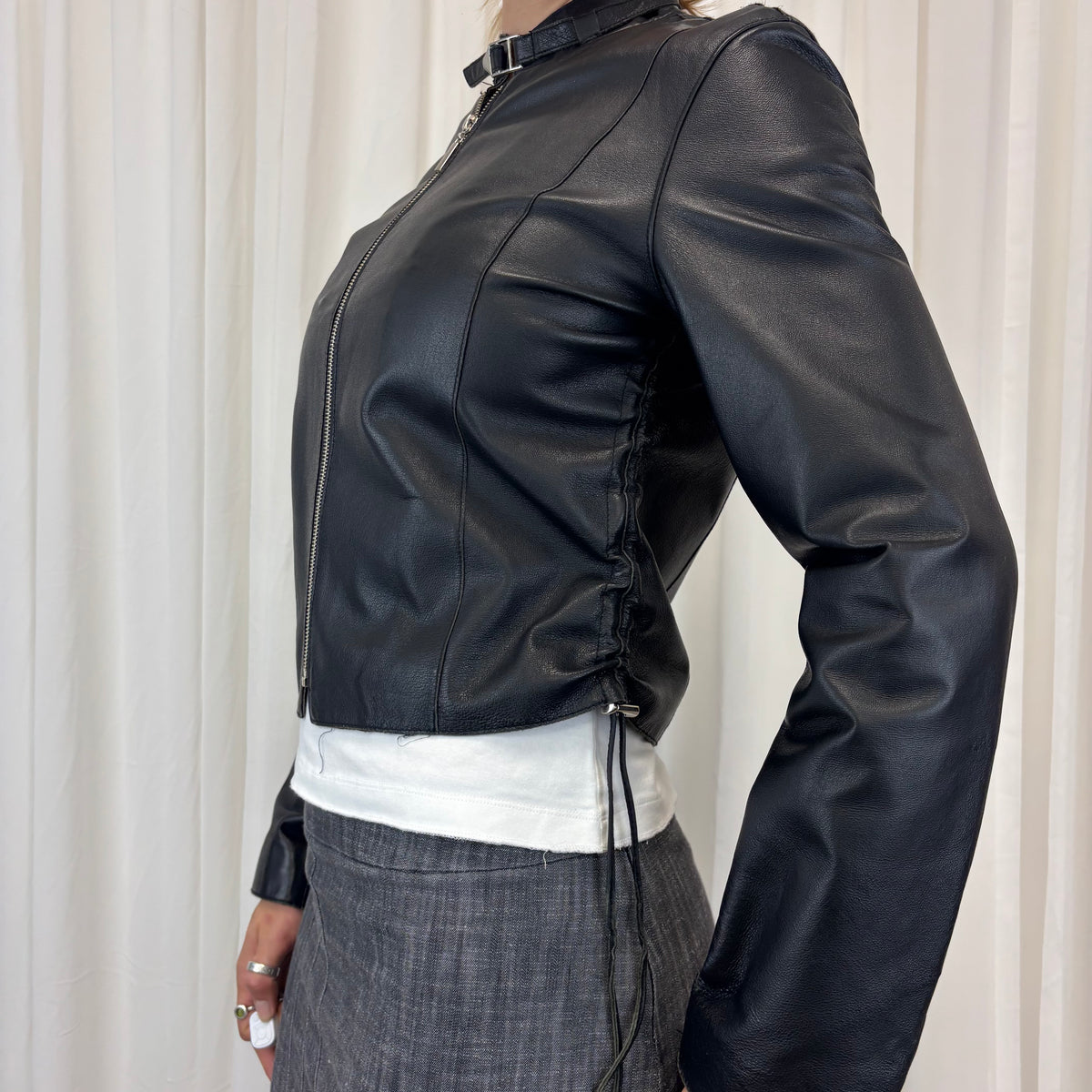 Ruched Italian Biker Leather Jacket | Size M