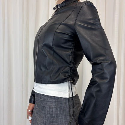 Ruched Italian Biker Leather Jacket | Size M