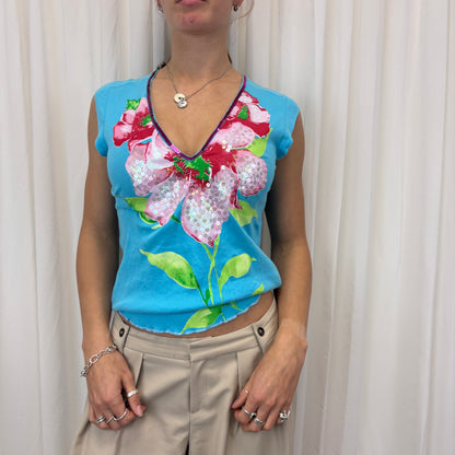 Sequin Flower V Neck Baby Tee
