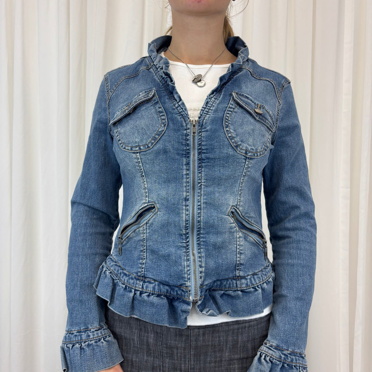 Pleated Trim Denim Jacket | Size M