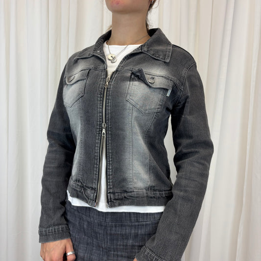 Grey Zip Up Denim Jacket | Size M