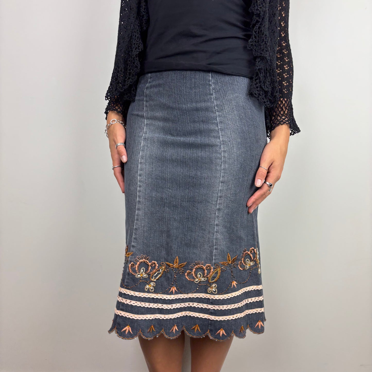 Denim Embroided Midi Skirt | Size S
