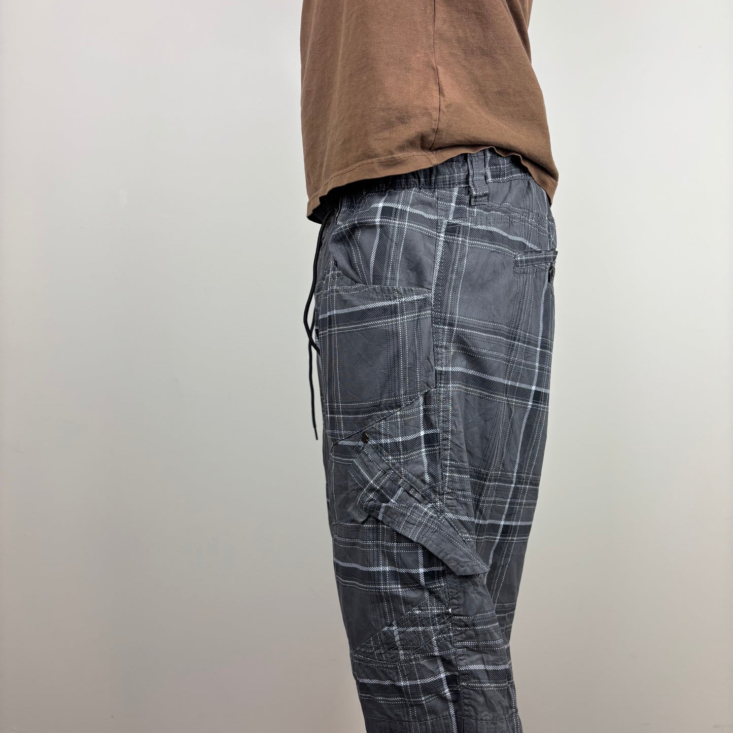 Grey Plaid Cargos Adjustable Waist  | Size S-L