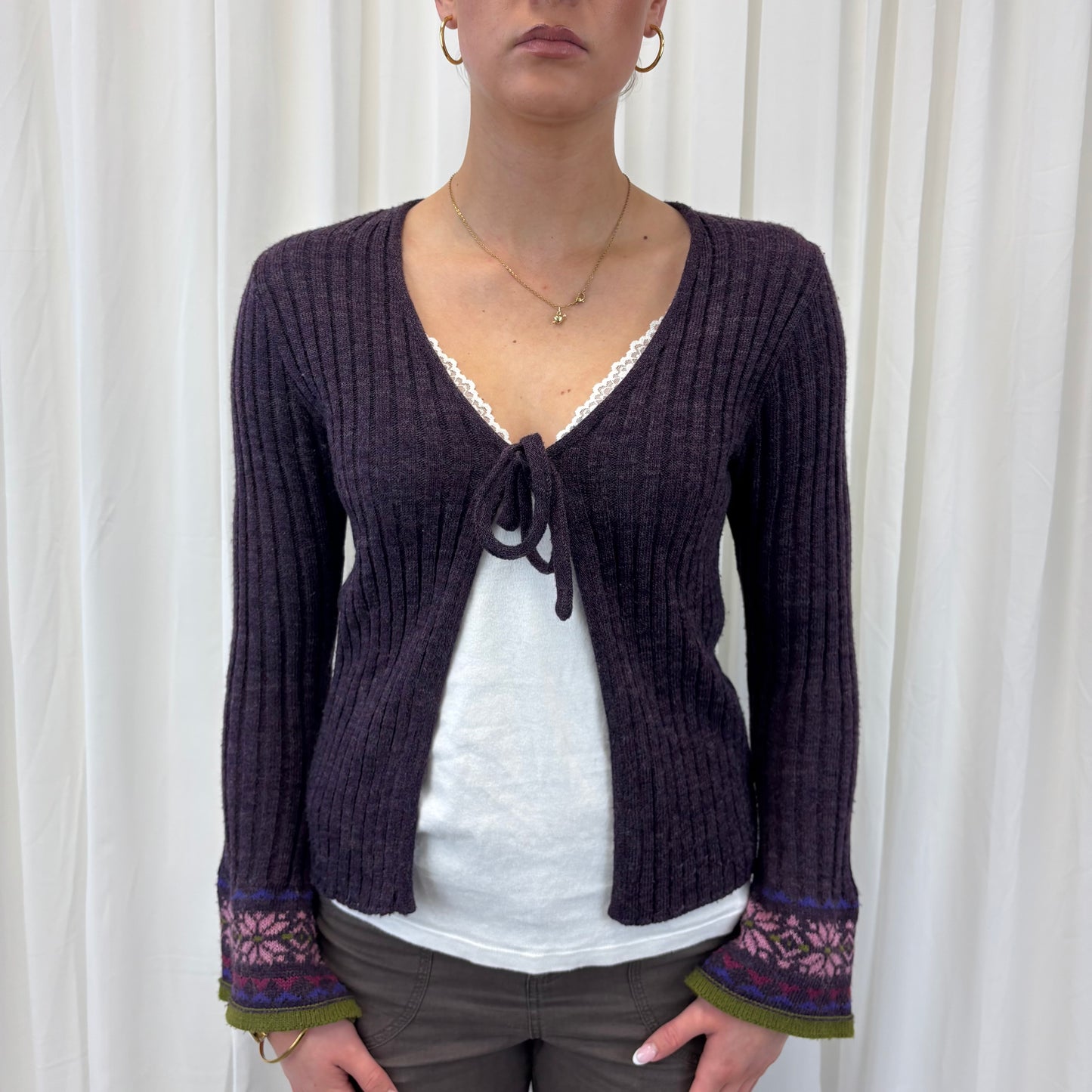 Ribbed Tie Cardigan w/ Flared Sleeves
