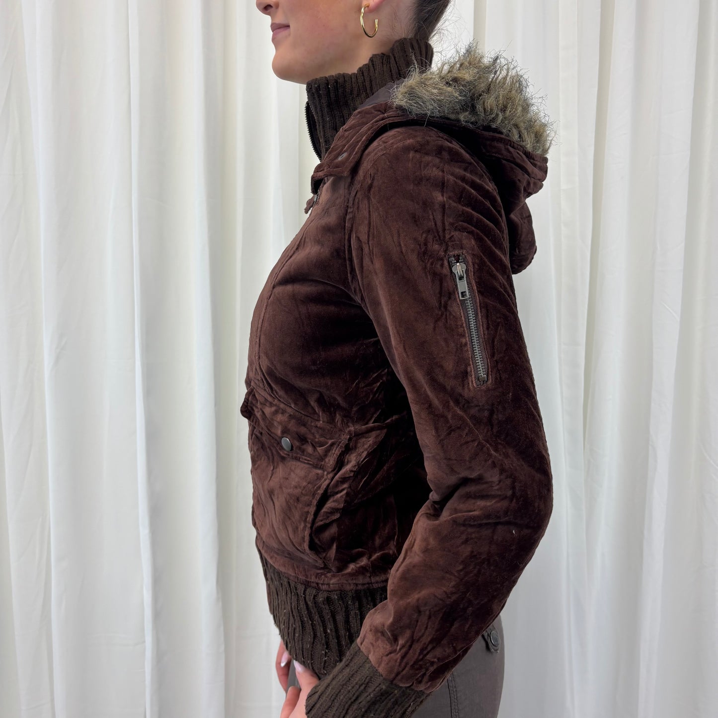Velour Zip Up with Fur Hood