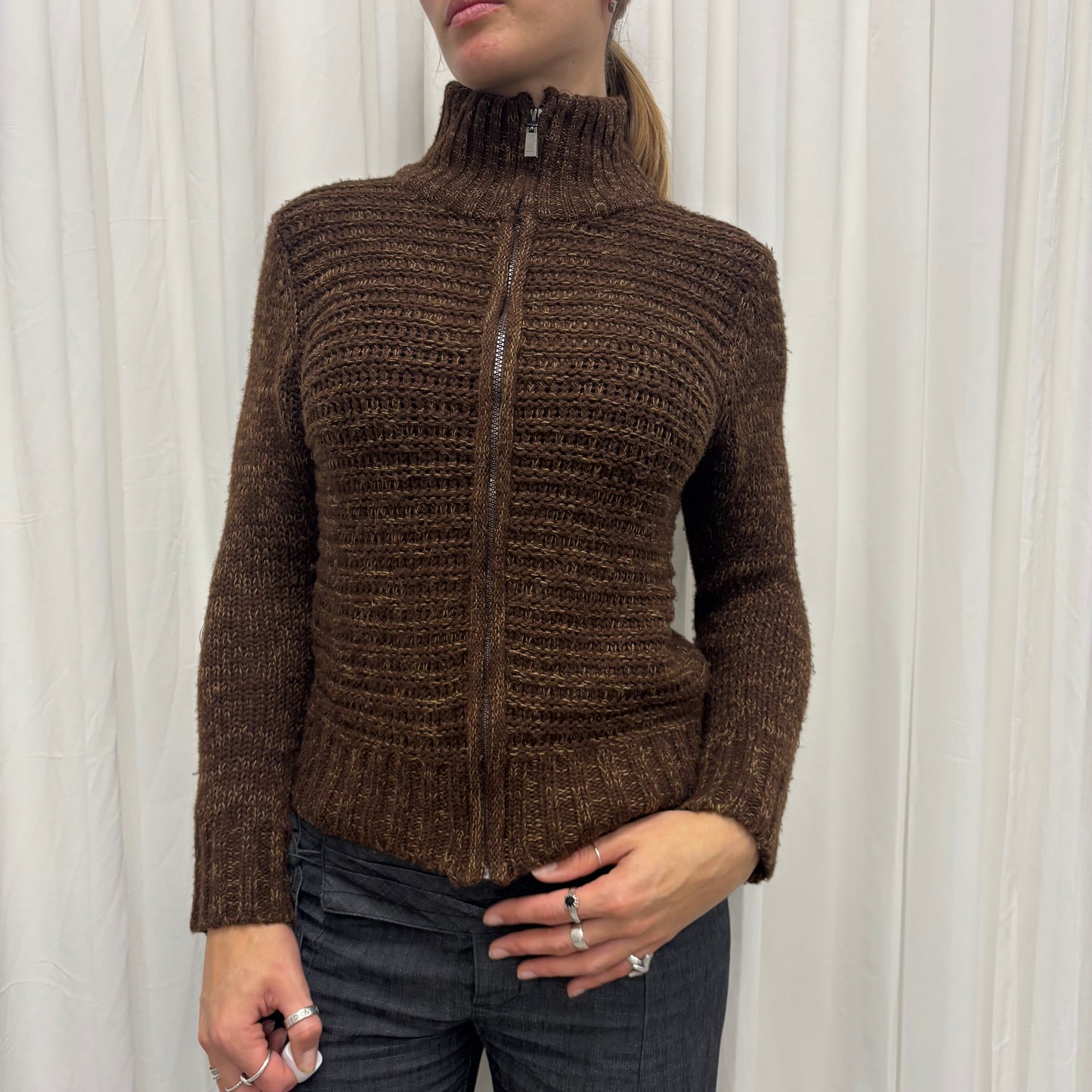 Brown Funnel Neck Knit Cardigan