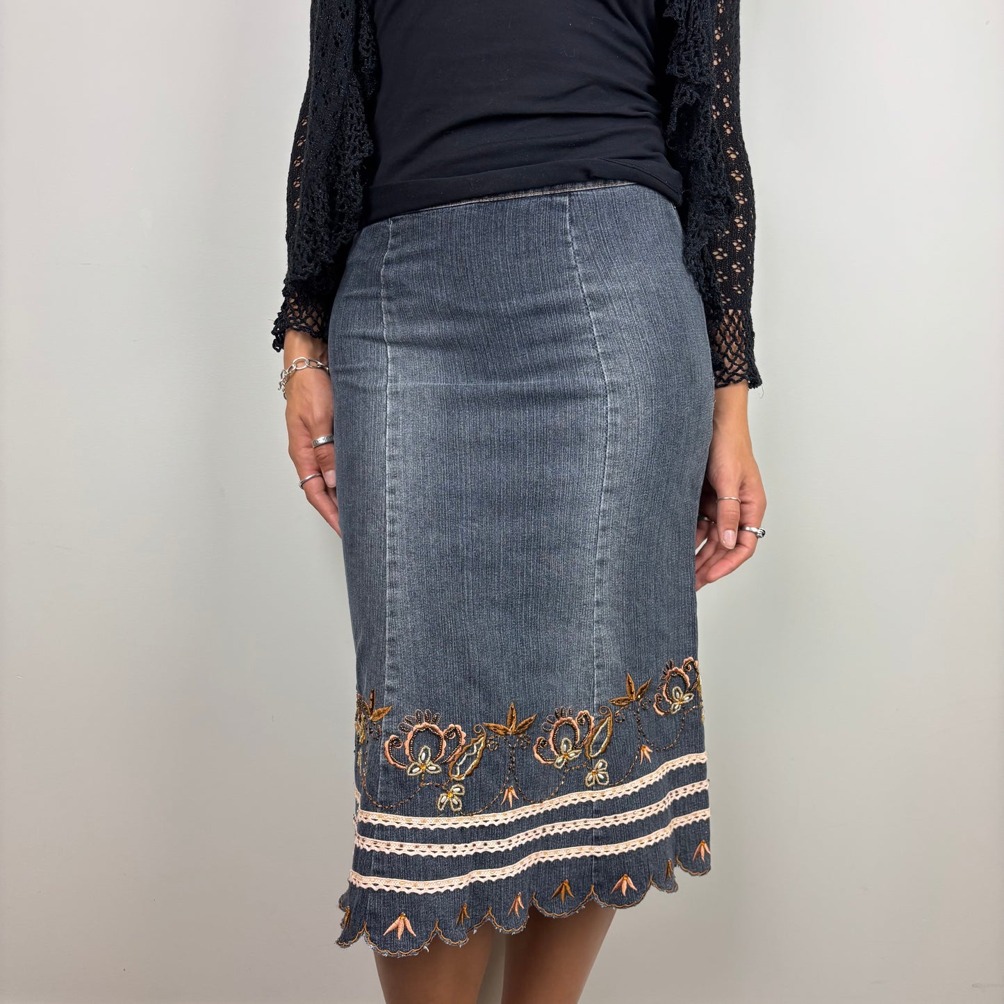 Denim Embroided Midi Skirt | Size S