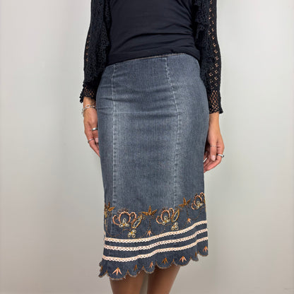 Denim Embroided Midi Skirt | Size S