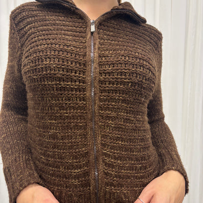 Brown Funnel Neck Knit Cardigan