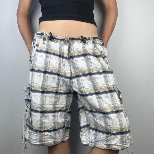 Baggy Plaid Shorts with Side Ties on Pockets