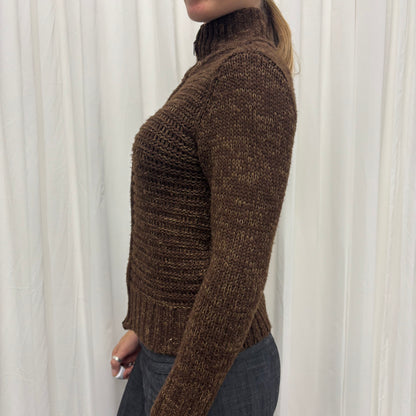 Brown Funnel Neck Knit Cardigan