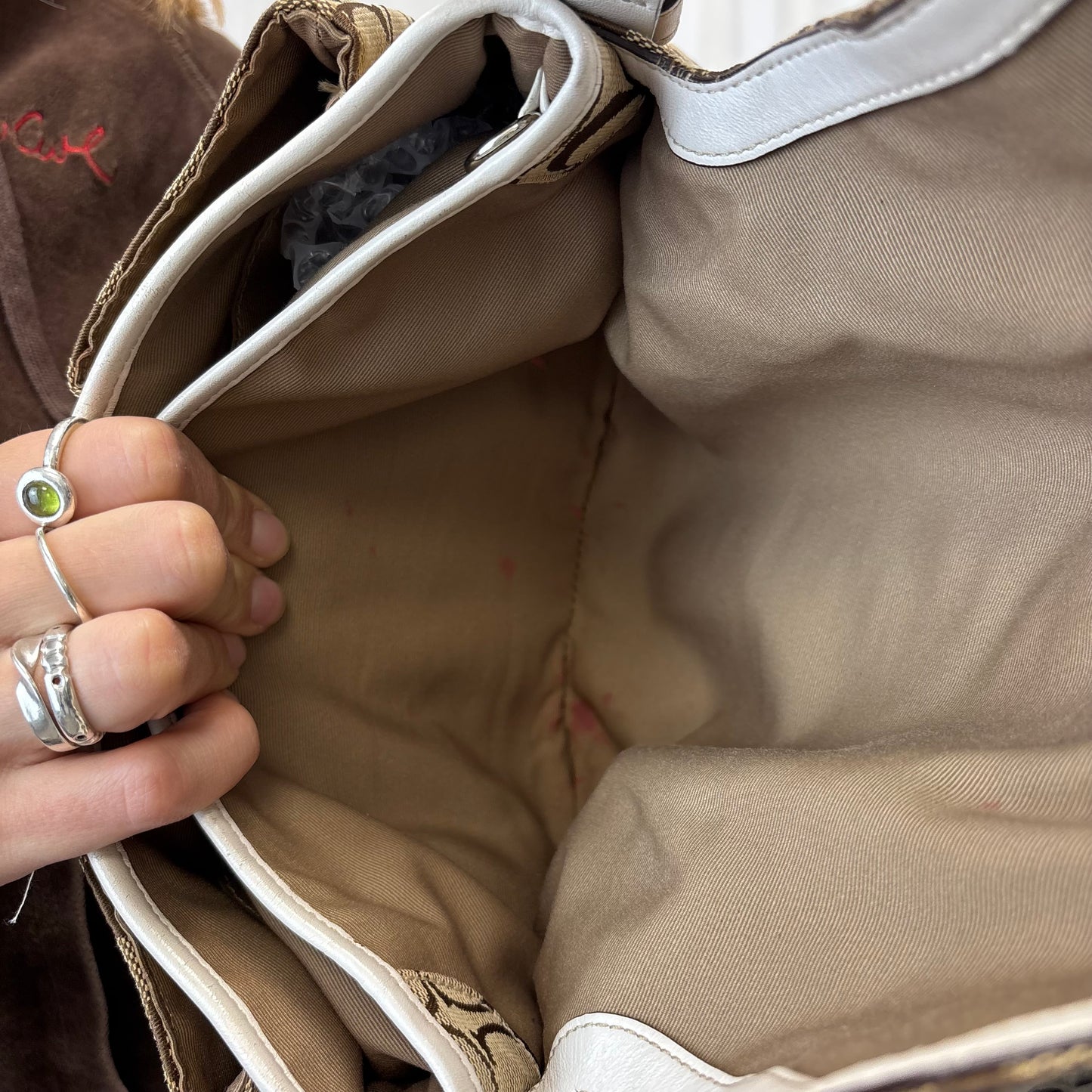Coach Signature Double Pocket Soho Bag with White Leather