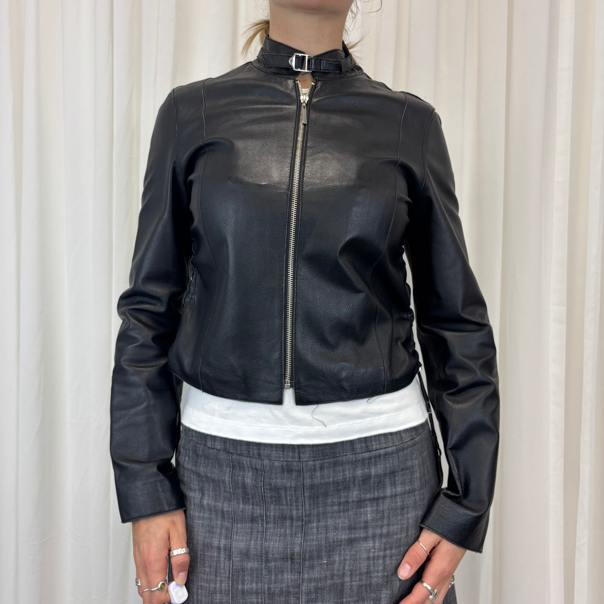 Ruched Italian Biker Leather Jacket | Size M