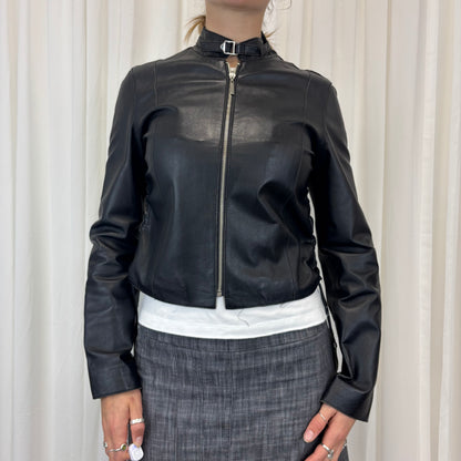 Ruched Italian Biker Leather Jacket | Size M