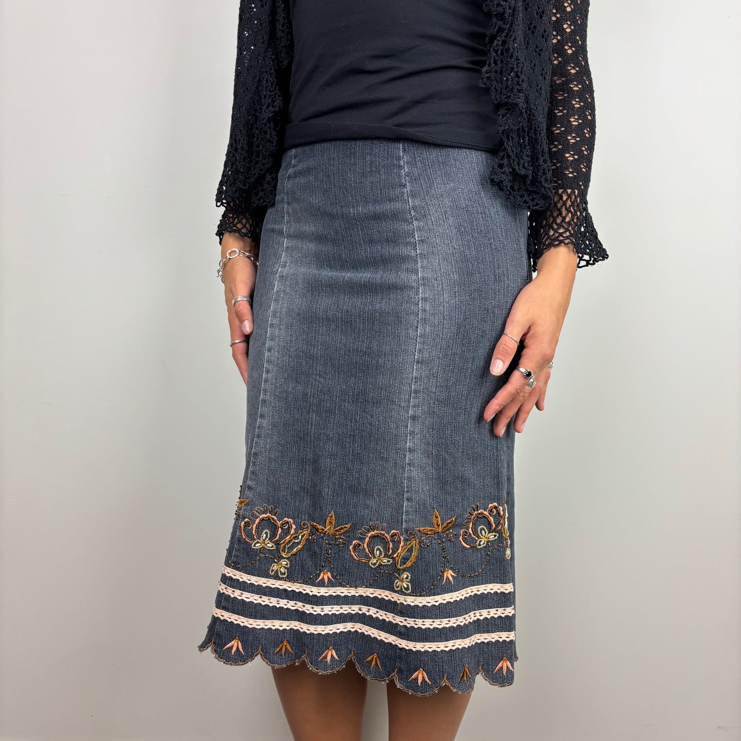 Denim Embroided Midi Skirt | Size S