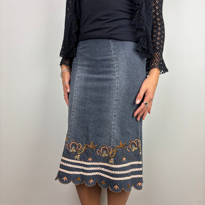 Denim Embroided Midi Skirt | Size S