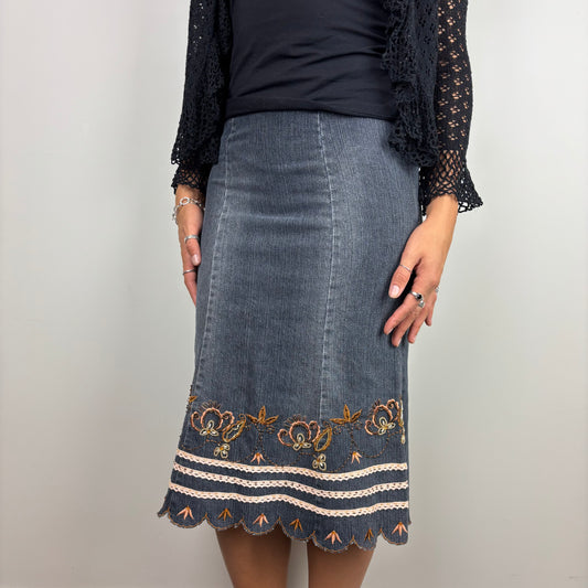 Denim Embroided Midi Skirt | Size S