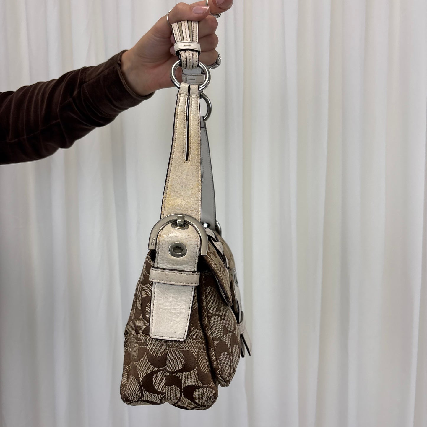 Coach Signature Double Pocket Soho Bag with White Leather