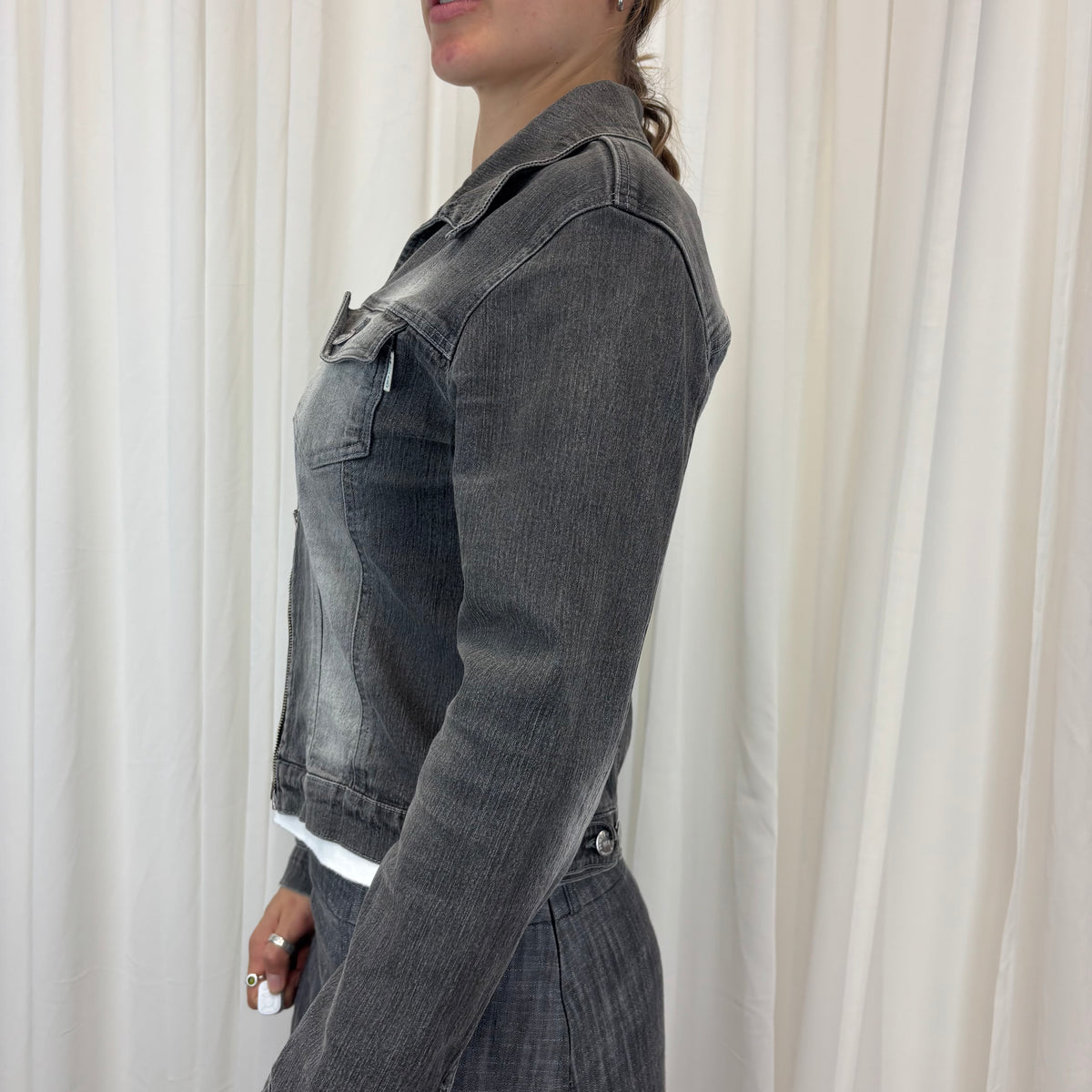 Grey Zip Up Denim Jacket | Size M