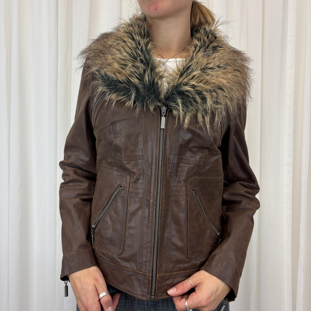 Faux Fur Leather Jacket | Size M-L