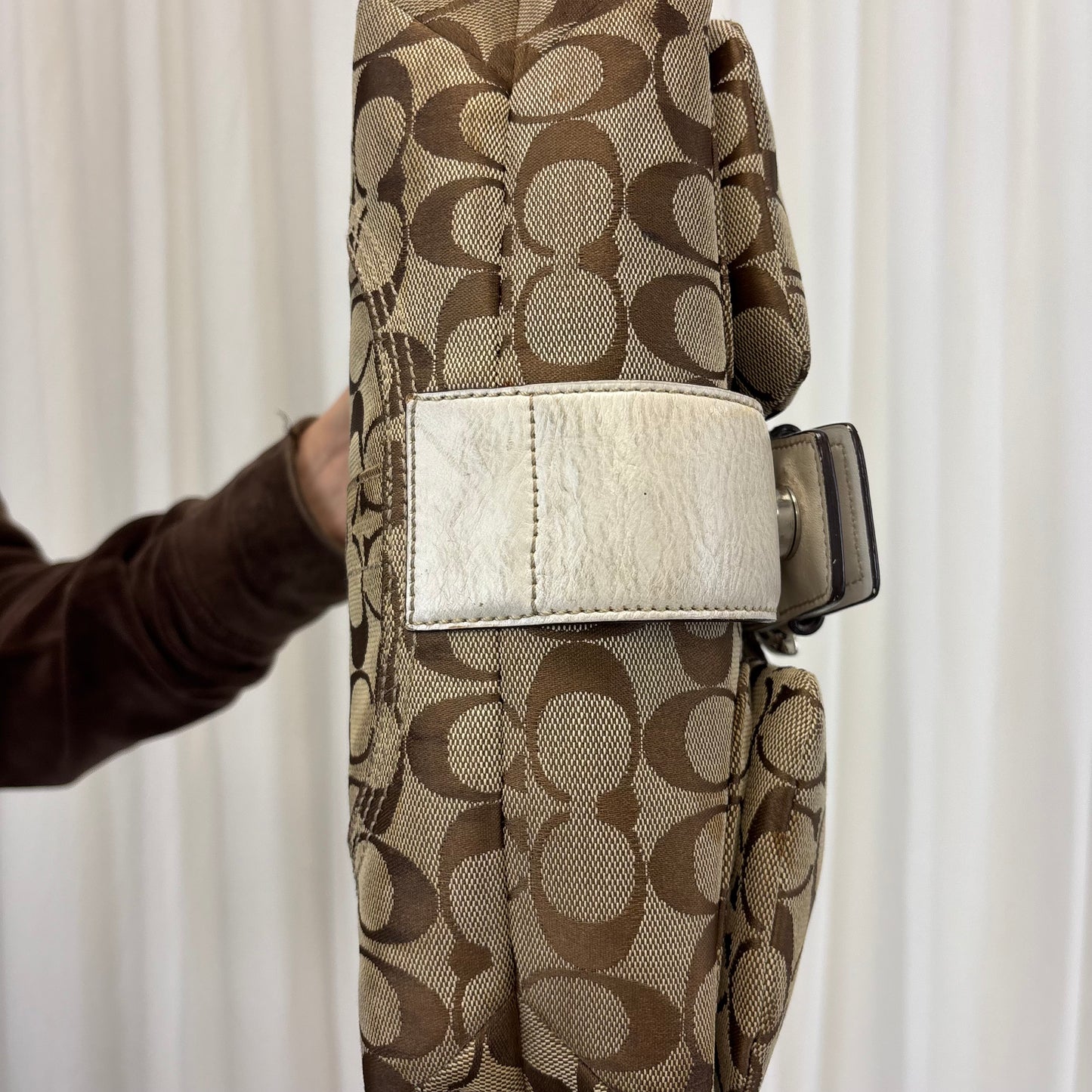 Coach Signature Double Pocket Soho Bag with White Leather