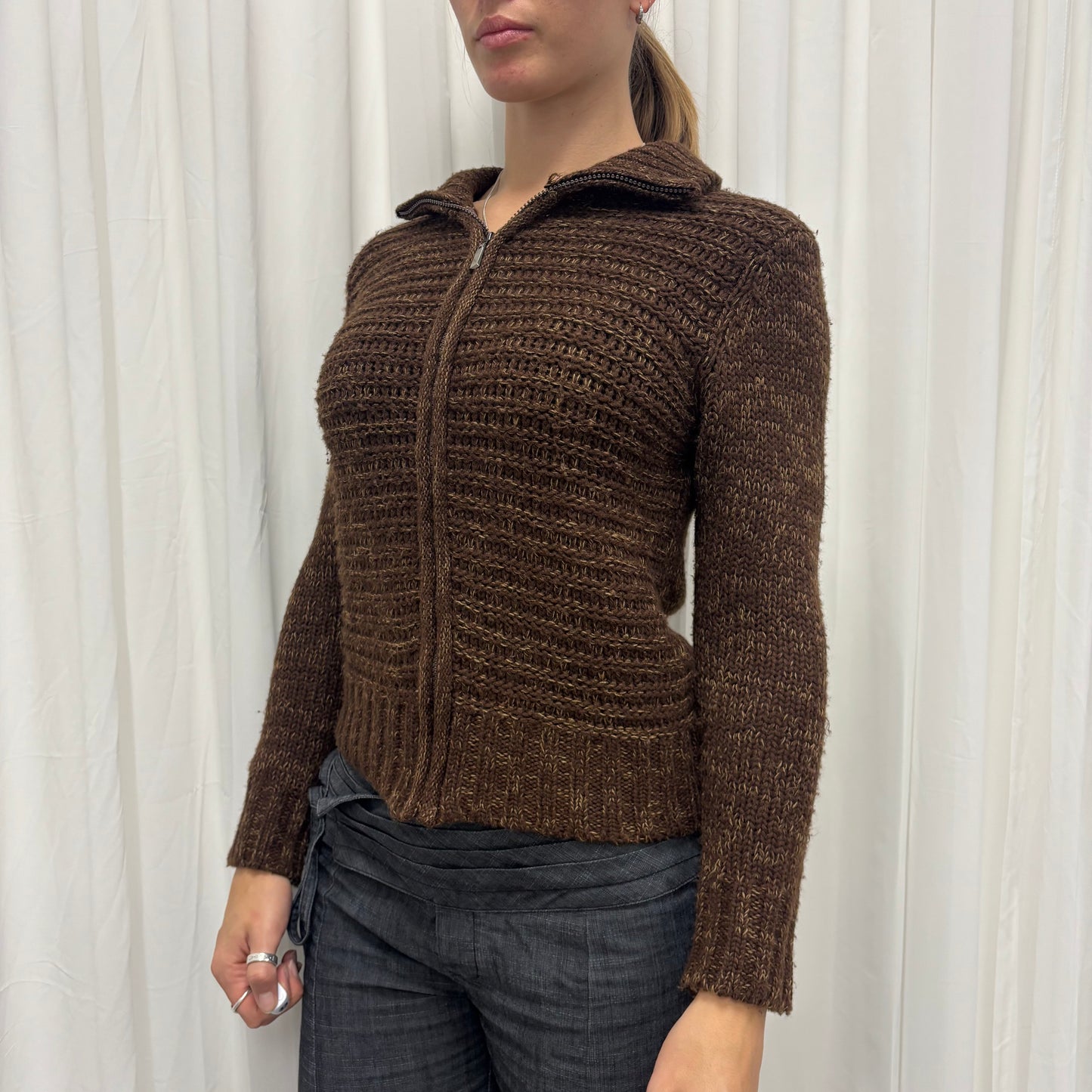 Brown Funnel Neck Knit Cardigan