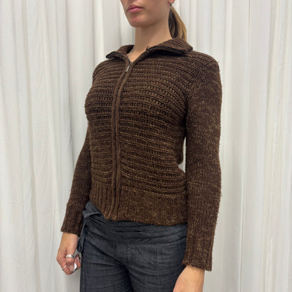 Brown Funnel Neck Knit Cardigan