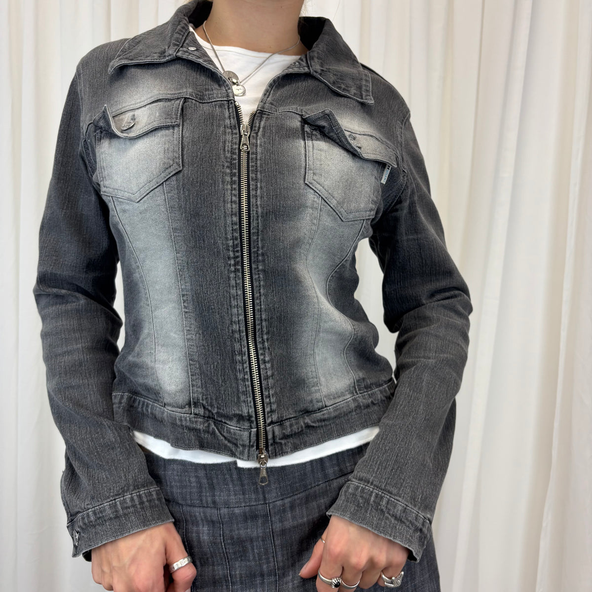 Grey Zip Up Denim Jacket | Size M