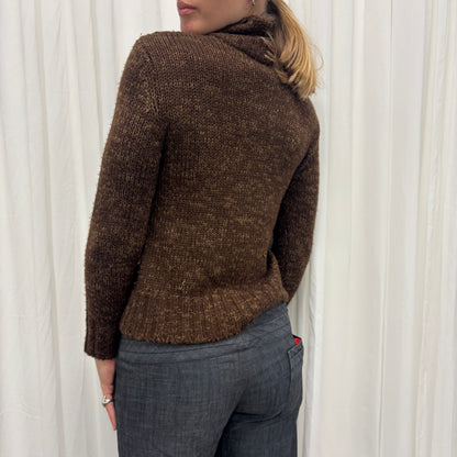 Brown Funnel Neck Knit Cardigan