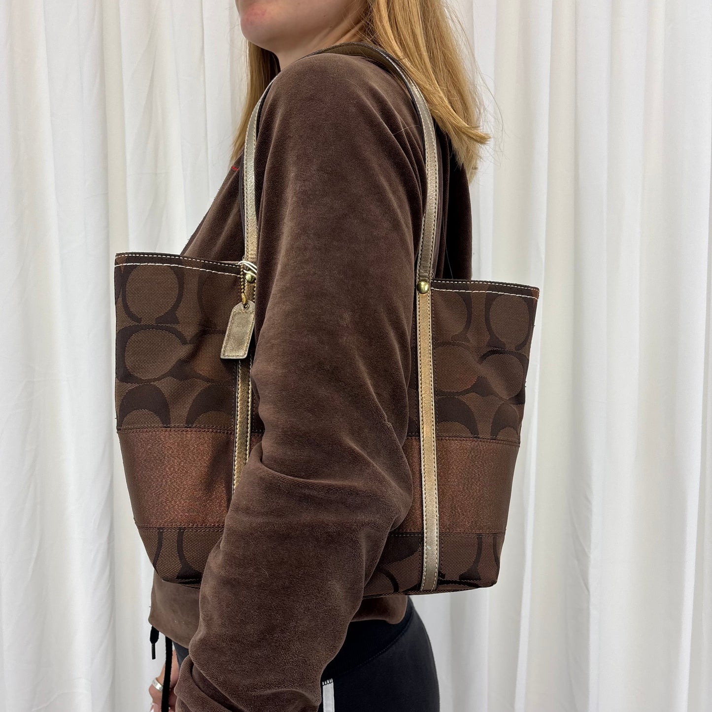 Coach Signature Stripe Brown Tote Bag
