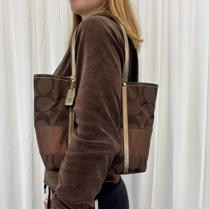 Coach Signature Stripe Brown Tote Bag