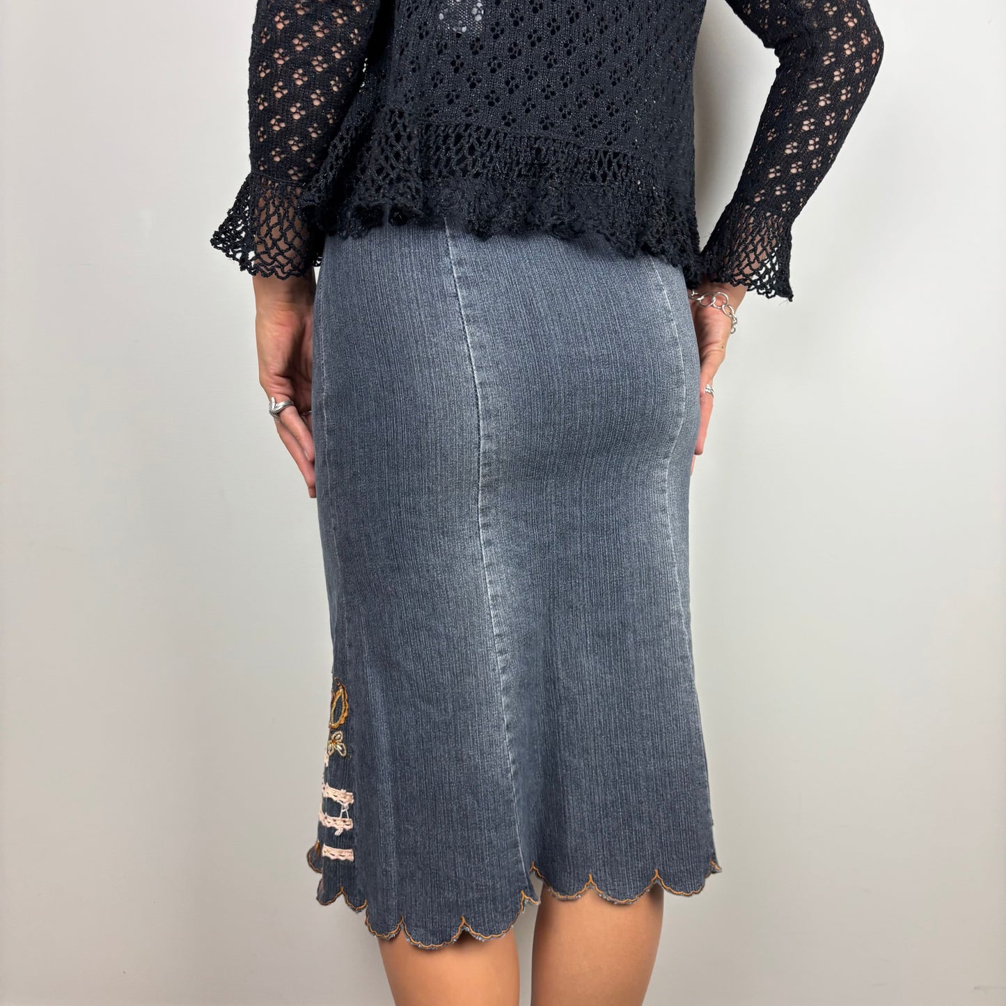 Denim Embroided Midi Skirt | Size S