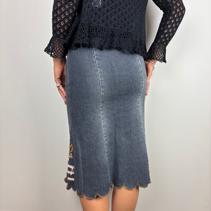 Denim Embroided Midi Skirt | Size S