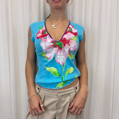 Sequin Flower V Neck Baby Tee