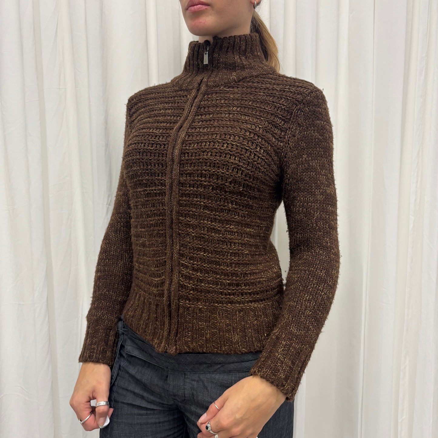 Brown Funnel Neck Knit Cardigan